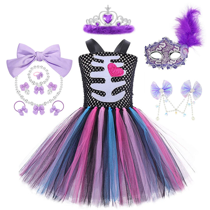 Halloween Kids Dress Cosplay Heart Print Skeleton Costumes Girls Floral Skull Tutu Clothes Children Carnival Performance Outfits