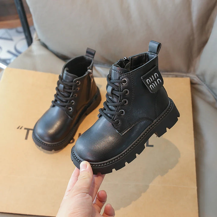 Children Platform Ankle Boots New Round-toe Black Boots for Girl Solid Color Causal Kids Fashion Short Leather Boots Side Zipper
