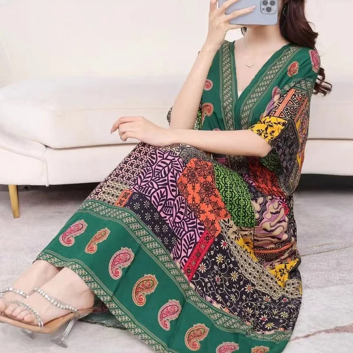 V-neck Large Skirt Hem Casual Sweet Long Dress Bat Sleeves Elastic Waist Bohemian Print Floral Elegant .