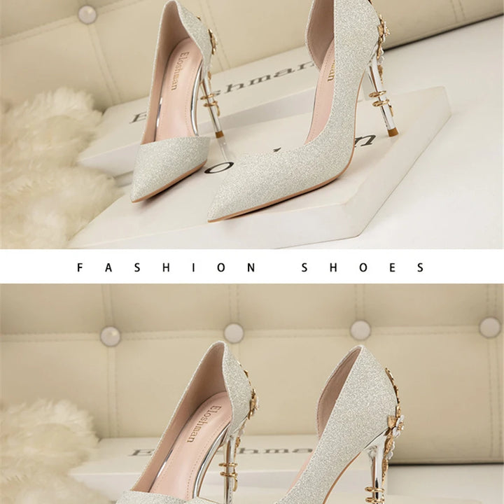 Light Luxury Sexy Women Dress Shoes 2025 Autumn Metal Flower Fashion High Heel Wedding White Pointed Sequins Shiny Female Pumps