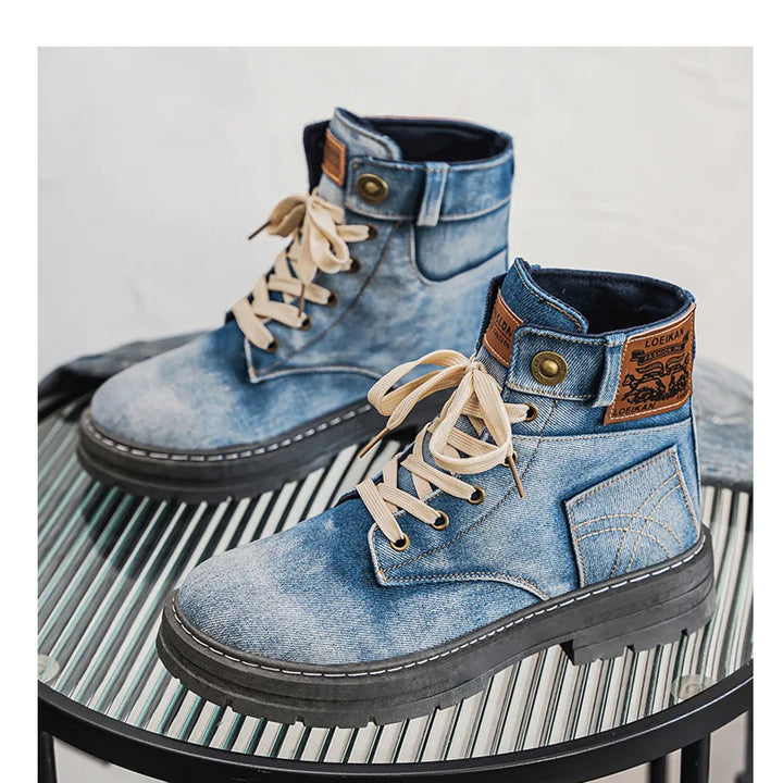 Retro Men's Platform Denim Boots High Quality Men Tooling Boots Fashion Trend Denim Versatile Casual Shoes High Top Working Shoe
