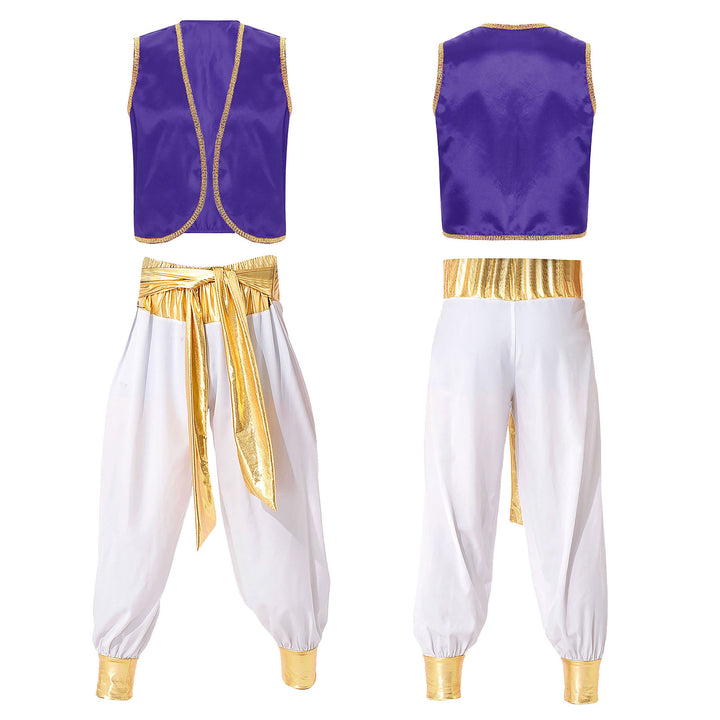 Mens Halloween Costume Mythical Arabian Prince Carnival Cosplay Party Outfit Sequin Trim Waistcoat with Belted Pants