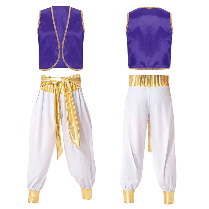 Mens Halloween Costume Mythical Arabian Prince Carnival Cosplay Party Outfit Sequin Trim Waistcoat with Belted Pants