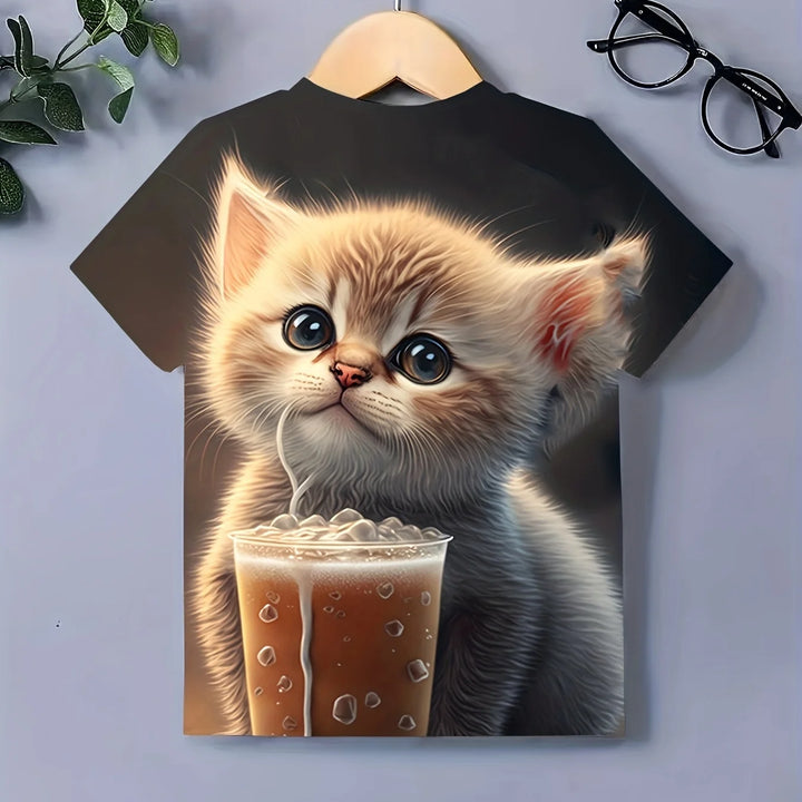 T-Shirt for Girls Cute Kitten Girls Clothes Kids T-Shirt Summer Short Sleeve Children Outdoor Sports Tops T-Shirt for Girls