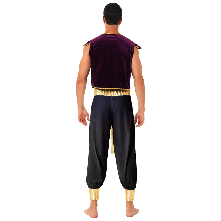 Mens Halloween Costume Mythical Arabian Prince Carnival Cosplay Party Outfit Sequin Trim Waistcoat with Belted Pants