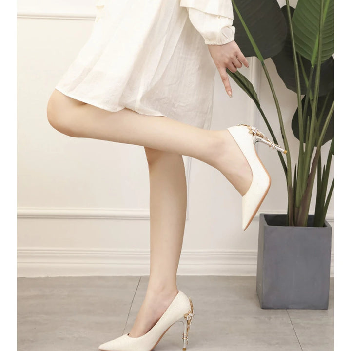 Light Luxury Sexy Women Dress Shoes 2025 Autumn Metal Flower Fashion High Heel Wedding White Pointed Sequins Shiny Female Pumps