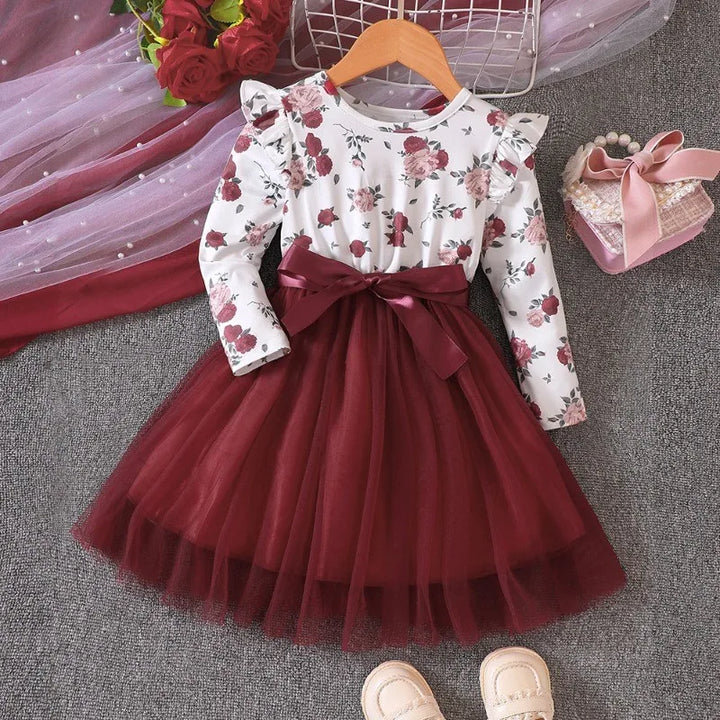 Casual Dresses for  Girls. New Spring and Autumn Fly Sleeve Long Sleeve Printed Mesh Dresses
