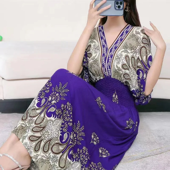V-neck Large Skirt Hem Casual Sweet Long Dress Bat Sleeves Elastic Waist Bohemian Print Floral Elegant .