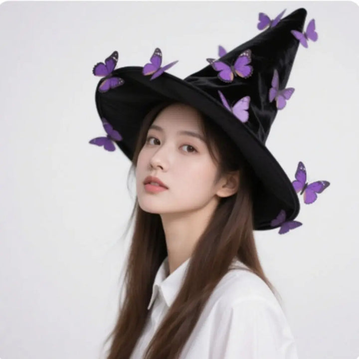Colorful Halloween Witch Hat Velvet Party Props Butterfly Wizard Cap Cosplay Accessories Halloween Black Cap Dress Up Headgear