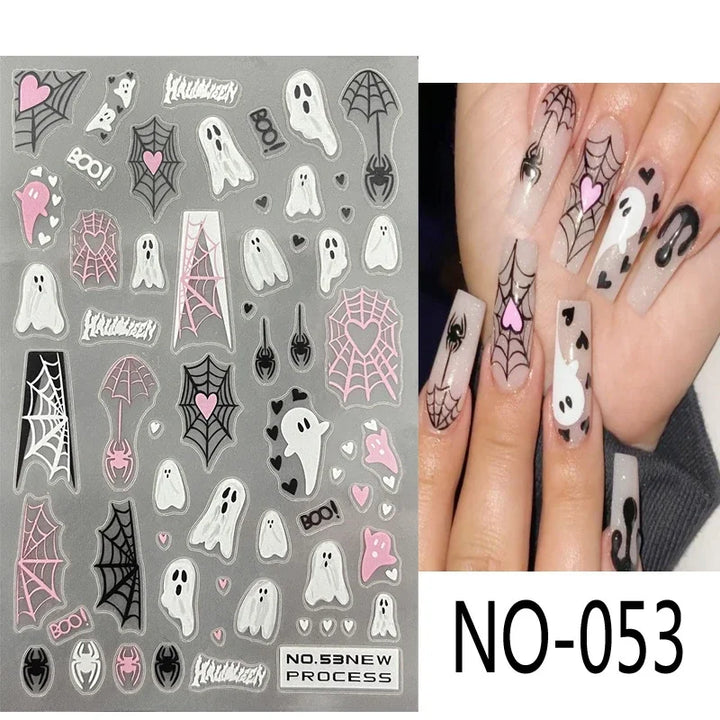 Halloween Nail Art Stickers Cute Halloween Nail Decals Self-Adhesive Ghost Pumpkin Bat Cat Skull Holiday Designs Nail Supplies