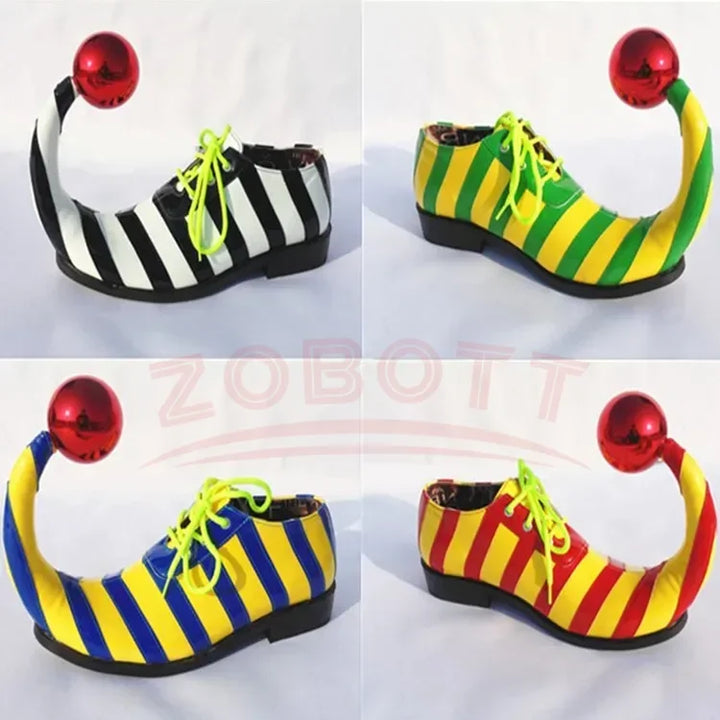 Adults Halloween Clown Cosplay Shoes Funny Circus Club Clown Performance Stripe Clown Shoes With Red Ball Carnival Cosplay Shoes