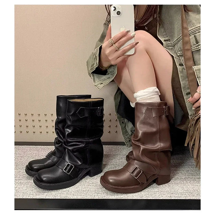Pleated Buckle Knight Boots for Women Autumn Brown PU Leather Mid Calf Boots Woman Slip-On Thick Heel Riding Botas Mujer 2024