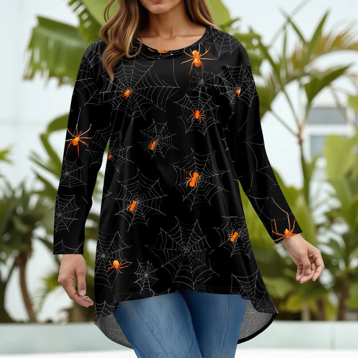 Plus Size Halloween Print T-Shirt for Women Fashion Round Neck Long Sleeve Casual Loose Pullover Top Halloween Party Costumes