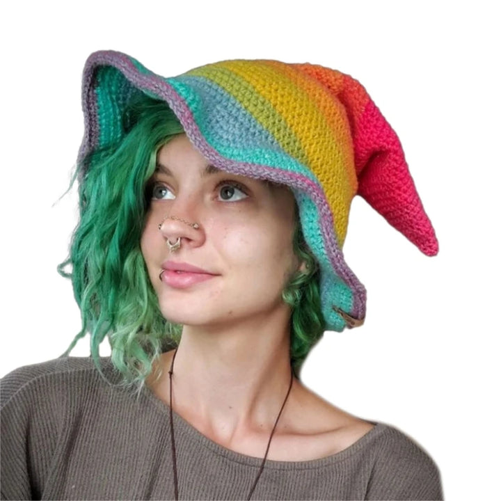 1PC Halloween Party Crocheted Witch Hats Party Wide Brim Pointed Hat Accessory Funny Cosplay Witch Hat with Stripes Photo Prop
