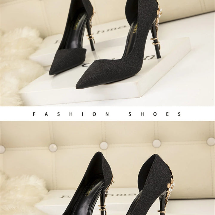 Light Luxury Sexy Women Dress Shoes 2025 Autumn Metal Flower Fashion High Heel Wedding White Pointed Sequins Shiny Female Pumps