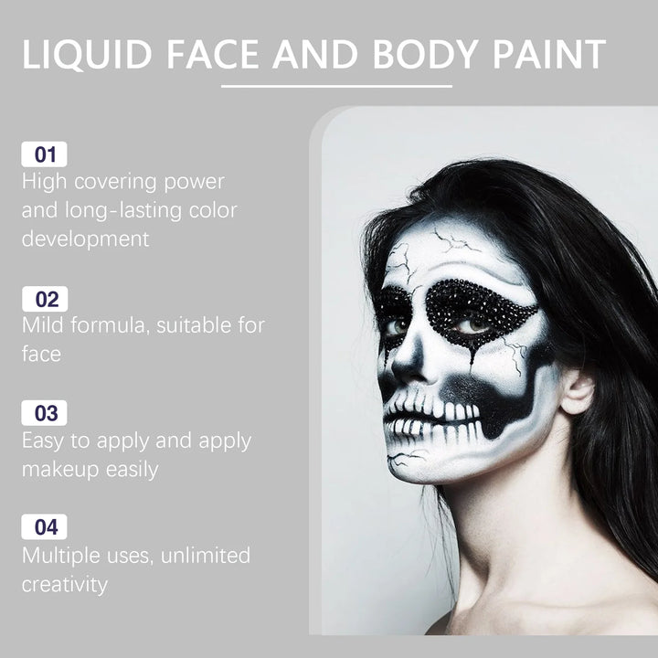 Halloween Party Liquid Face and Body Paint Black White High Coverage Long Lasting Color Vampire Makeup DIY for Paint Party 120ml