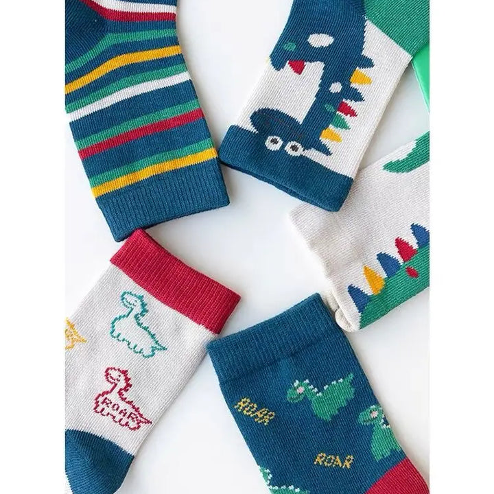 5 Pairs Autumn Winter New Style Children's Socks Mid-high Long Dinosaur Cartoon Design Boys Girls Baby Cartoon Socks Wholesale