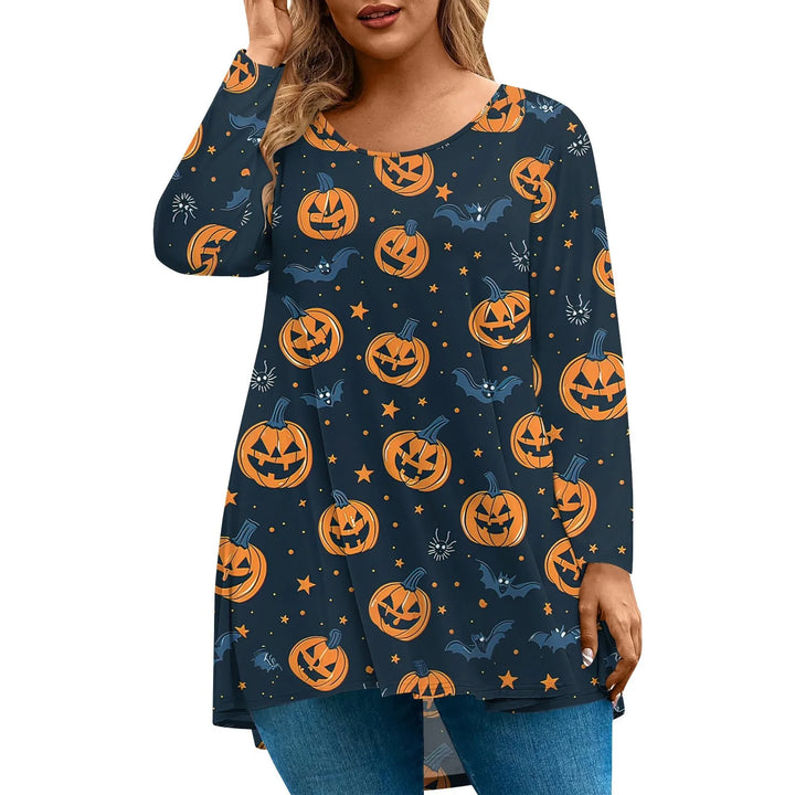 Plus Size Halloween Print T-Shirt for Women Fashion Round Neck Long Sleeve Casual Loose Pullover Top Halloween Party Costumes