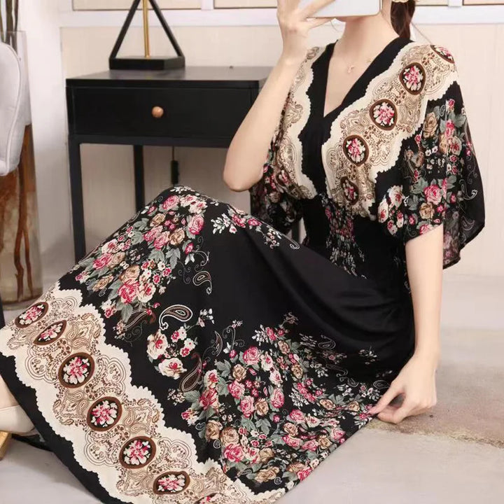 V-neck Large Skirt Hem Casual Sweet Long Dress Bat Sleeves Elastic Waist Bohemian Print Floral Elegant .