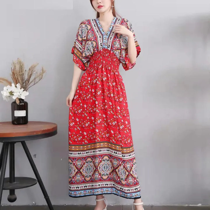 V-neck Large Skirt Hem Casual Sweet Long Dress Bat Sleeves Elastic Waist Bohemian Print Floral Elegant .
