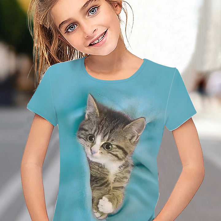 T-Shirt for Girls Cute Kitten Girls Clothes Kids T-Shirt Summer Short Sleeve Children Outdoor Sports Tops T-Shirt for Girls
