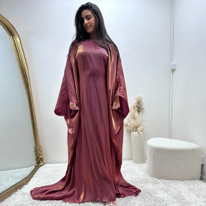 Tossy Autumn Loose Shiny Maxi Dress Butterfly Batwing Long Sleeve Muslim Clothes Party Solid Female Long Dress New
