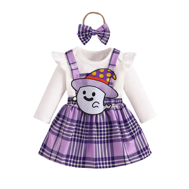 Baby Girls Halloween Clothing Set Cute Ghost Pumpkin Face Applique Suspender Dress with Rompers Carnival Party Cosplay Costume
