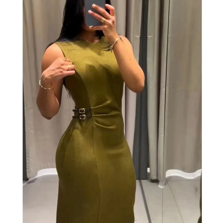 MUJER Pleated Midi Dress for Women Sleeveless Long Dress Vintage Party Buckle Office