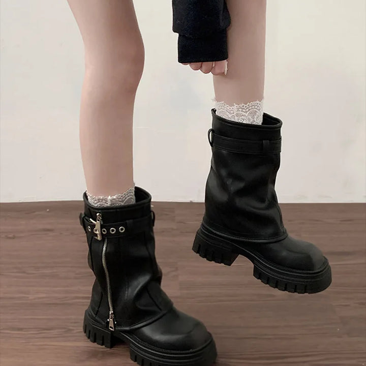 Winter Women Biker Boots Fashion Belt Buckle Ladies Elegant Platform Flats Short Booties Casual Women's Knight Booties