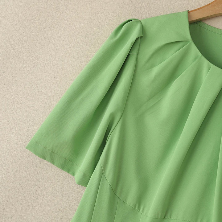 ZANZEA Office Lady Dresses Women Solid Pleated Dress Elegant Short Sleeve Party Vestidos Stylish Holidays Midi Dress