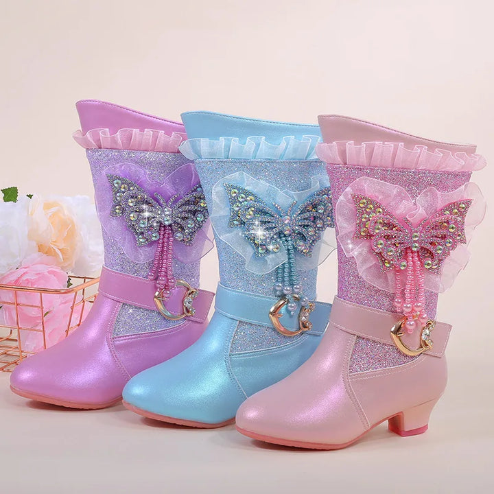 2025 Girls High Heel Boots Children's Sequins Rhindiamonds Butterfly-knot Princess Boots with Velvet Warm Mid-tube Kids Boots