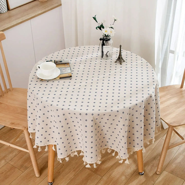 Cotton Linen Table Cloth Round Tablecloth with Tassel Dust-Proof Floret Circular Table Cover for Kitchen Dinning Tabletop Decor