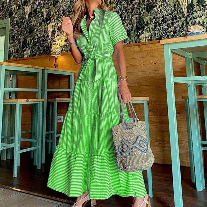 New Fashion Stripe Printed Short Sleeve Loose Waist Strap Long Collar Ankle Single Breasted Dress