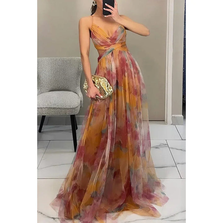 Out Party Dress, Loungewear Fashion Printing Maxi Dress, Sleeveless Lace-Up