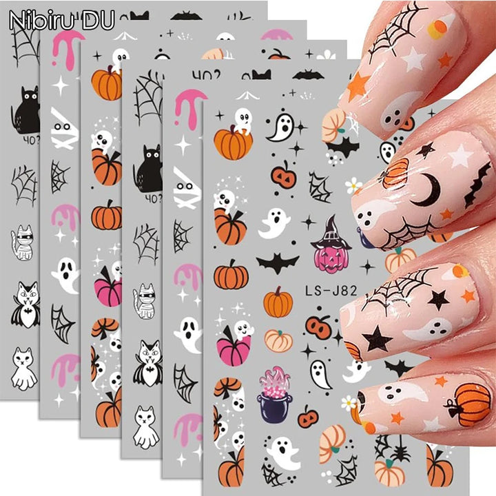 Halloween Nail Art Stickers Cute Halloween Nail Decals Self-Adhesive Ghost Pumpkin Bat Cat Skull Holiday Designs Nail Supplies