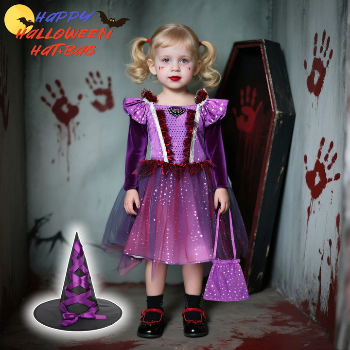 Halloween Children Girls Witch Party Dress Gothic Ghost Costume Kids Gown Robe Tutu Dress Witch Hat For Purim Carnival Party