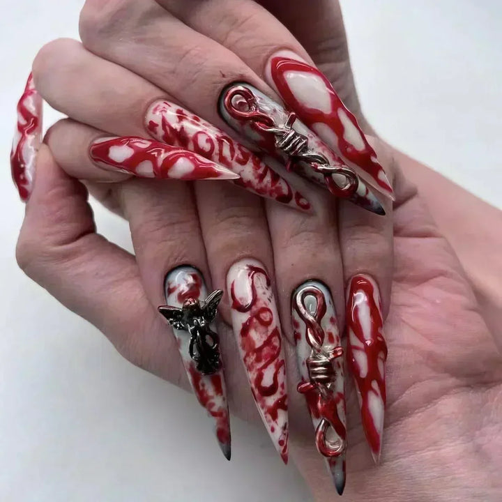 24Pc Halloween False Nails with Almond Head Designs Cute Clown Fake Nails French Full Cover Manicure Press on Nail Tips for Girl