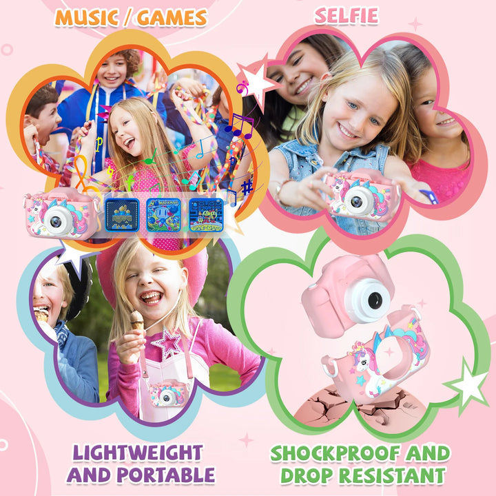 Unicorn Kids Toy Cameras 1080P HD Video Camera 48MP Dual Camera With Silicone Protective Cover 32GB Card Boy Girl Birthday Gifts