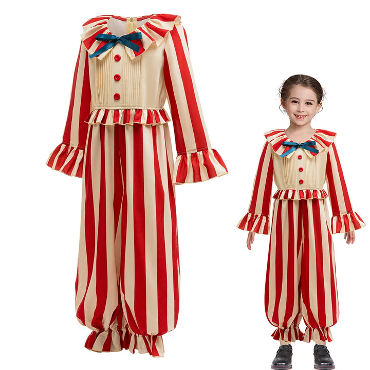 Halloween Funny Clown Cosplay Costume For Children Red Striped Jumpsuit Boys Girls Party Dresses Up Ruffle Girl Clothes Outfits