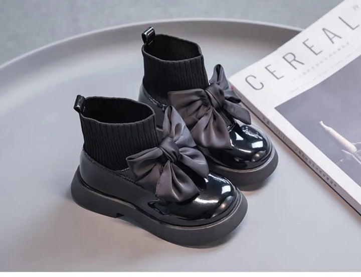Children's Boots Fashion PU Solid Black Bow Girls Uniform 2025 Spring and Autumn New Kids Fashion Flying Knit School Socks Shoes