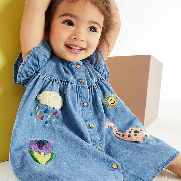 Little maven Children's Clothing Baby Girls New Cotton Embroidered Cartoon Dinosaurs Denim Dresses