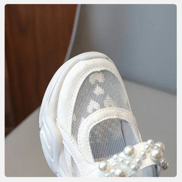 Children's Sneakers New Mesh Sports Shoes Spring Autumn Girls Fashion Shallow Breathable Pearl Tennis Kids Causal Flats