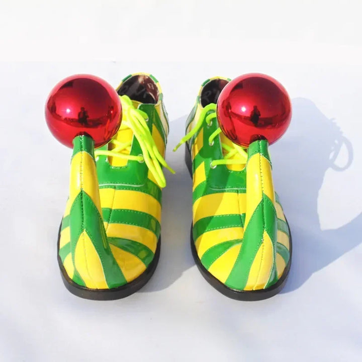 Adults Halloween Clown Cosplay Shoes Funny Circus Club Clown Performance Stripe Clown Shoes With Red Ball Carnival Cosplay Shoes
