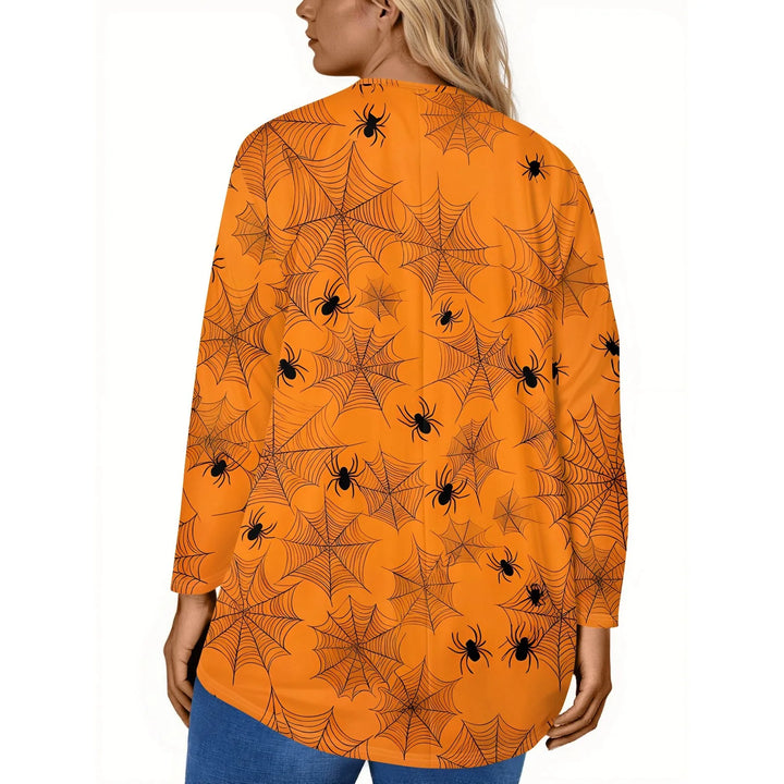 Plus Size Halloween Print T-Shirt for Women Fashion Round Neck Long Sleeve Casual Loose Pullover Top Halloween Party Costumes
