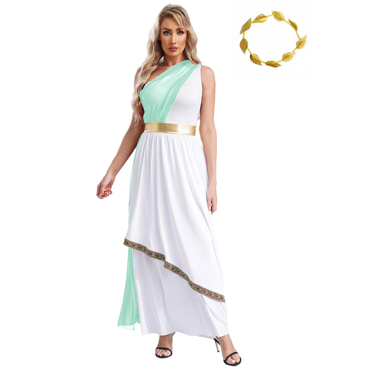 Women Halloween Ancient Greek Dress Ancient Greek Toga Costumes Robe One Shoulder Chiffon Overlay Tunic Dress with Headwear