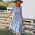 Women Elegant Striped Lantern Sleeve  Causal V-neck Button Ruffles Midi Dress.