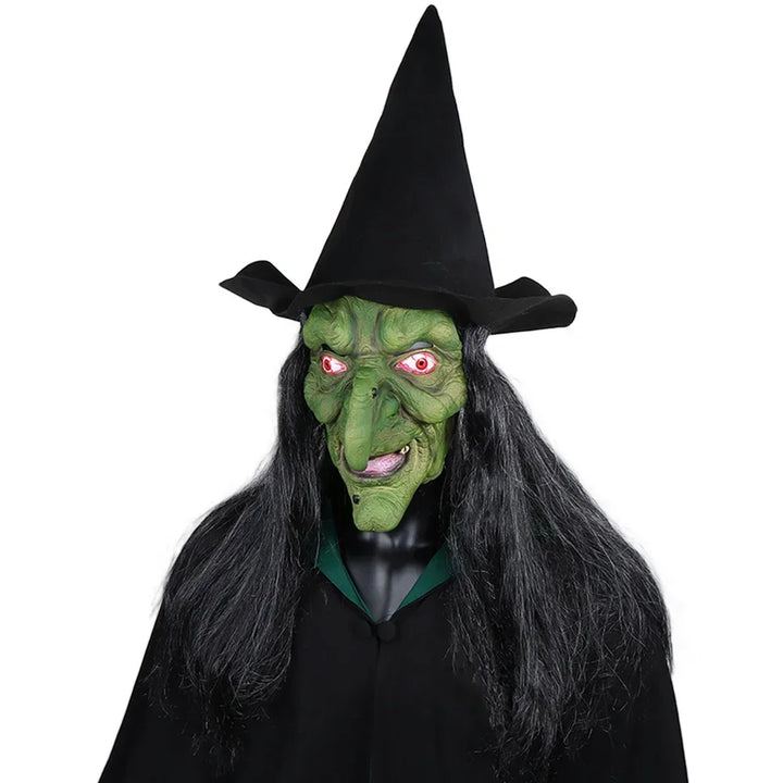 Halloween Horror Old Witch Mask with Hat Cosplay Scary Clown Hag Latex Masks Green Face Big Nose Old Women Costume Party Props