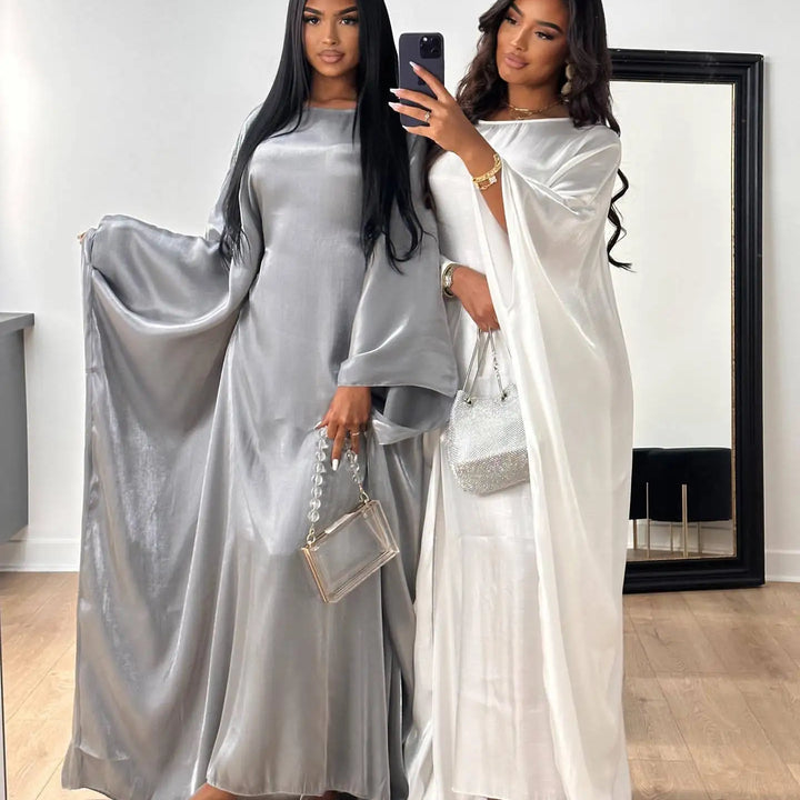 Tossy Autumn Loose Shiny Maxi Dress Butterfly Batwing Long Sleeve Muslim Clothes Party Solid Female Long Dress New