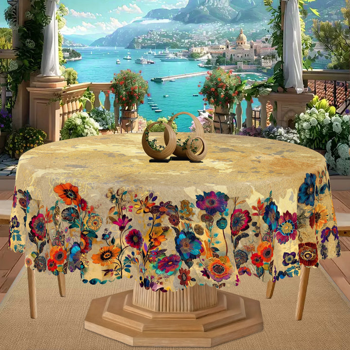 Retro Bohemian Mandala Style Tablecloth + 4Pcs Self-Adhesive, Retro Creative Mandala Style Floral Pattern Tablecloth, Kitchen Accessories, Edge Embossing Process, 5 Sizes Optional, Rectangular Polyester Tablecloth, Round Colo