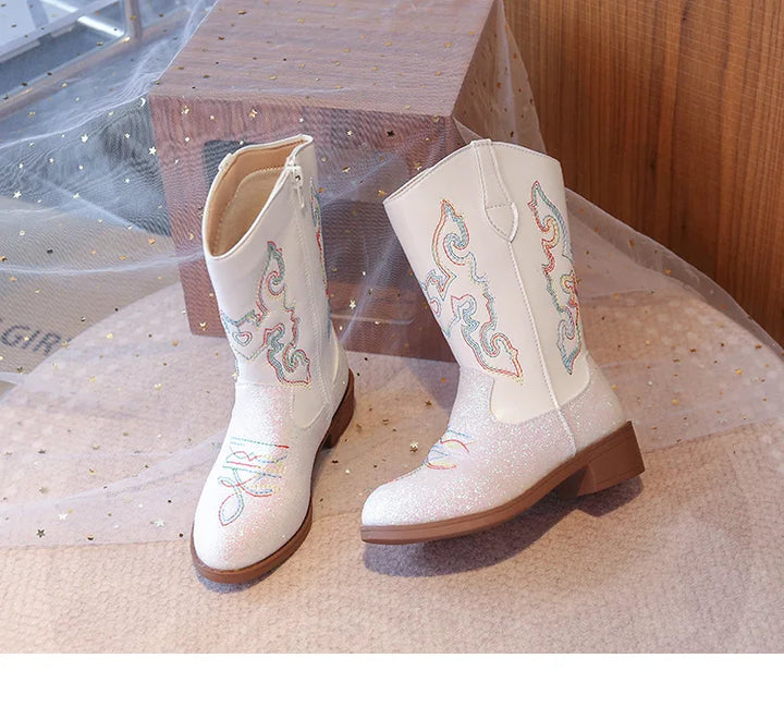 Girls Boots Toddler Snow Gear Mid Calf Glitter Western Cowboy Boot 2025 Autumn Big Kid Riding Girls Botas Size 27-36 Kids Shoes